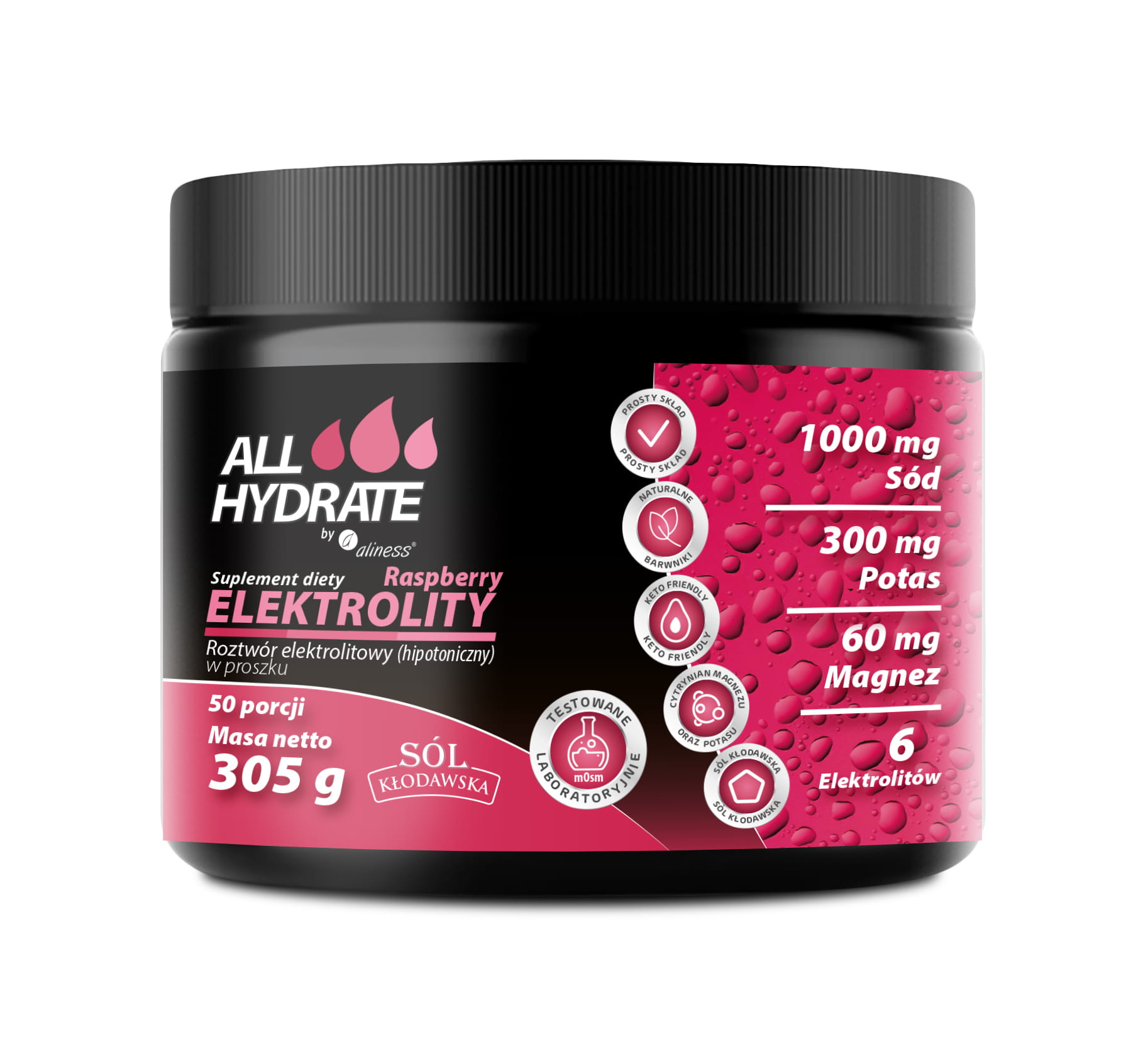 ALLHydrate, Elektrolity Raspberry 305g, 50 porcji